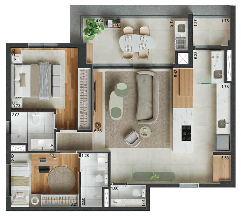 Planta opção de 89m² no Reserva Ubiatans com 2 suítes mais lavabo. Ampla sala de jantar, cozinha americana e boa varanda gourmet.
