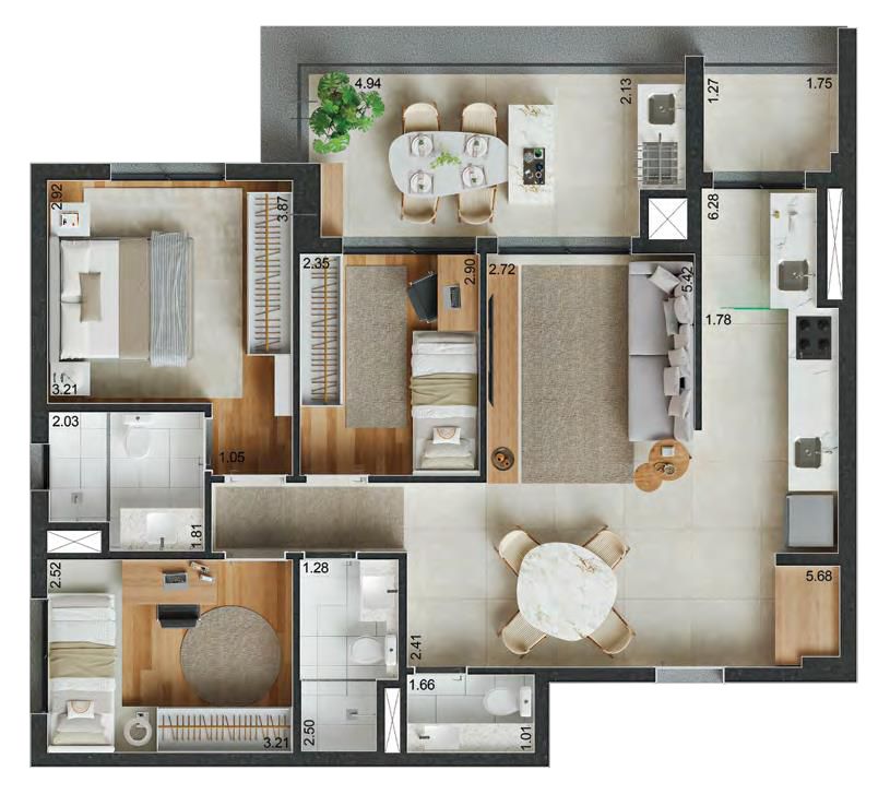 Planta padrão de 89m² no Reserva Ubiatans com 2 dorms, sendo 1suíte, mais lavabo. Boa distribuição de planta e boa varanda gourmet.