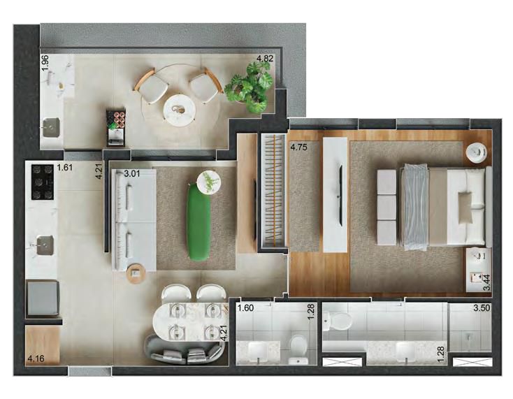 Planta opção de 60m² no Reserva Ubiatans com 1 suíte com closet, lavabo e boa varanda