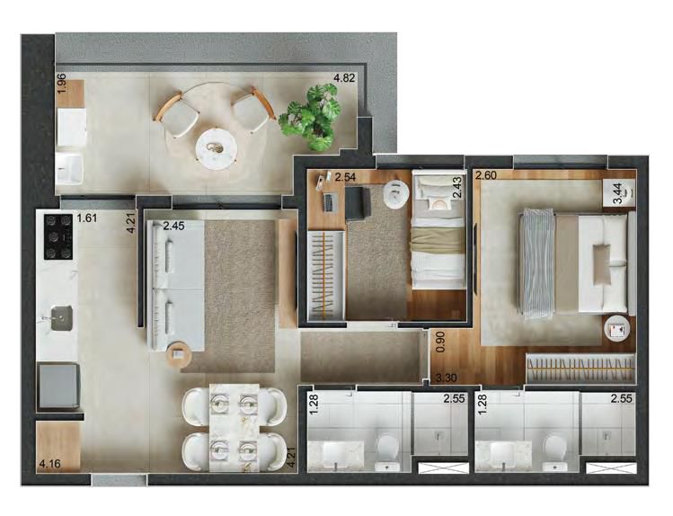 Planta padrão de 60m² no Reserva Ubiatans com 2 dorms, sendo 1 suíte. Ambientes bem divididos e com boa varanda.