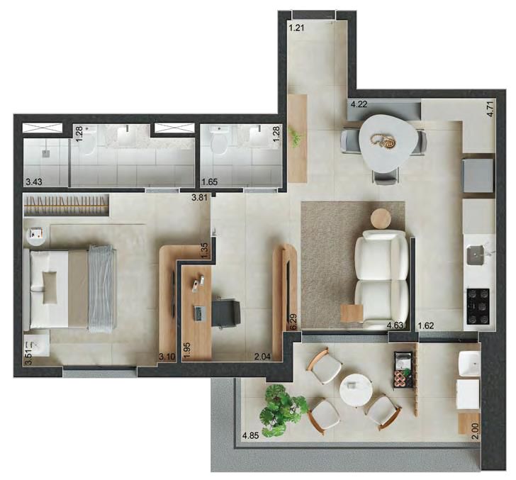 Planta opção de 65m² no Reserva Ubiatans com 1 suíte, um escritório e boa varanda. Ambientes bem divididos