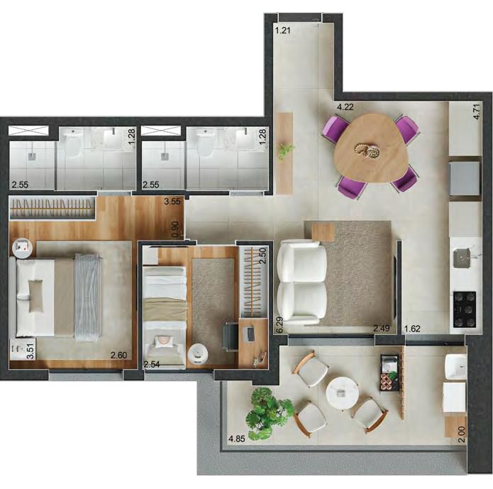 Planta padrão de 65m² no Reserva Ubiatans com 2 dorms e boa varanda. Ambientes bem distribuídos.