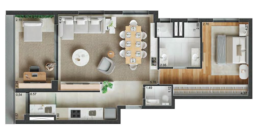 Planta opção de 77m² no Reserva Ubiatans com 1 suíte com mais de 4m de parede para armário e cubas sr. e sra. e lavabo. Ampla sala de jantar e sala de estar, além de boa varanda.