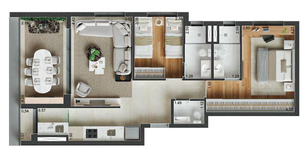 Planta padrão de 77m² no Reserva Ubiatans com 2 dormitórios com mais de 4m de parede para armário. Ampla sala, além de boa varanda.