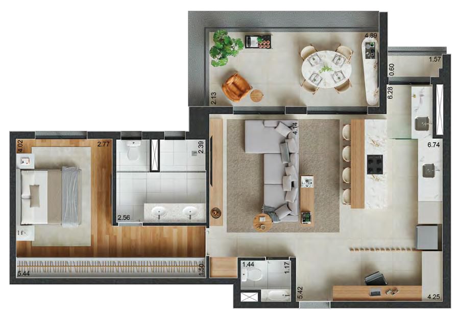 Planta opção de 79m² no Reserva Ubiatans com 1 suíte com mais de 5m de parede para armário, banheiro com cubas sr. e sra. e lavabo. Ampla sala de estar, cozinha americana, além de boa varanda.