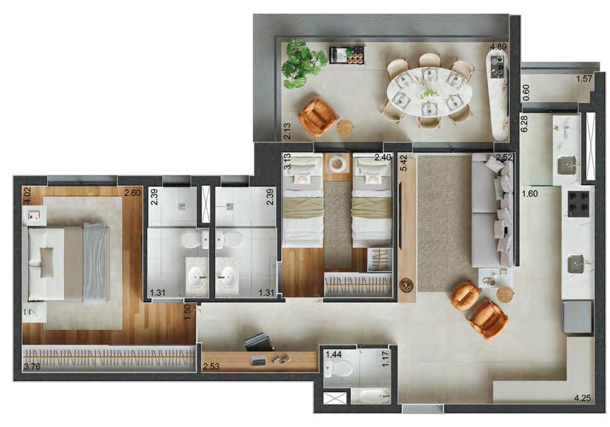 Planta padrão de 79m² no Reserva Ubiatans com 2 dorms com 3.76m de parede para armário, e lavabo. Boa distribuição de planta e boa varanda.