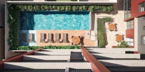 Piscina com deck molhado e seco, além de mesas, no condomínio Reserva Ubiatans